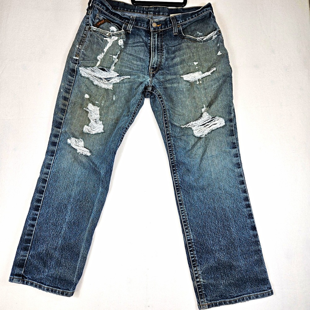Ariat M4 Mens Blue Straight Distressed Stretch Denim Jeans 36x30